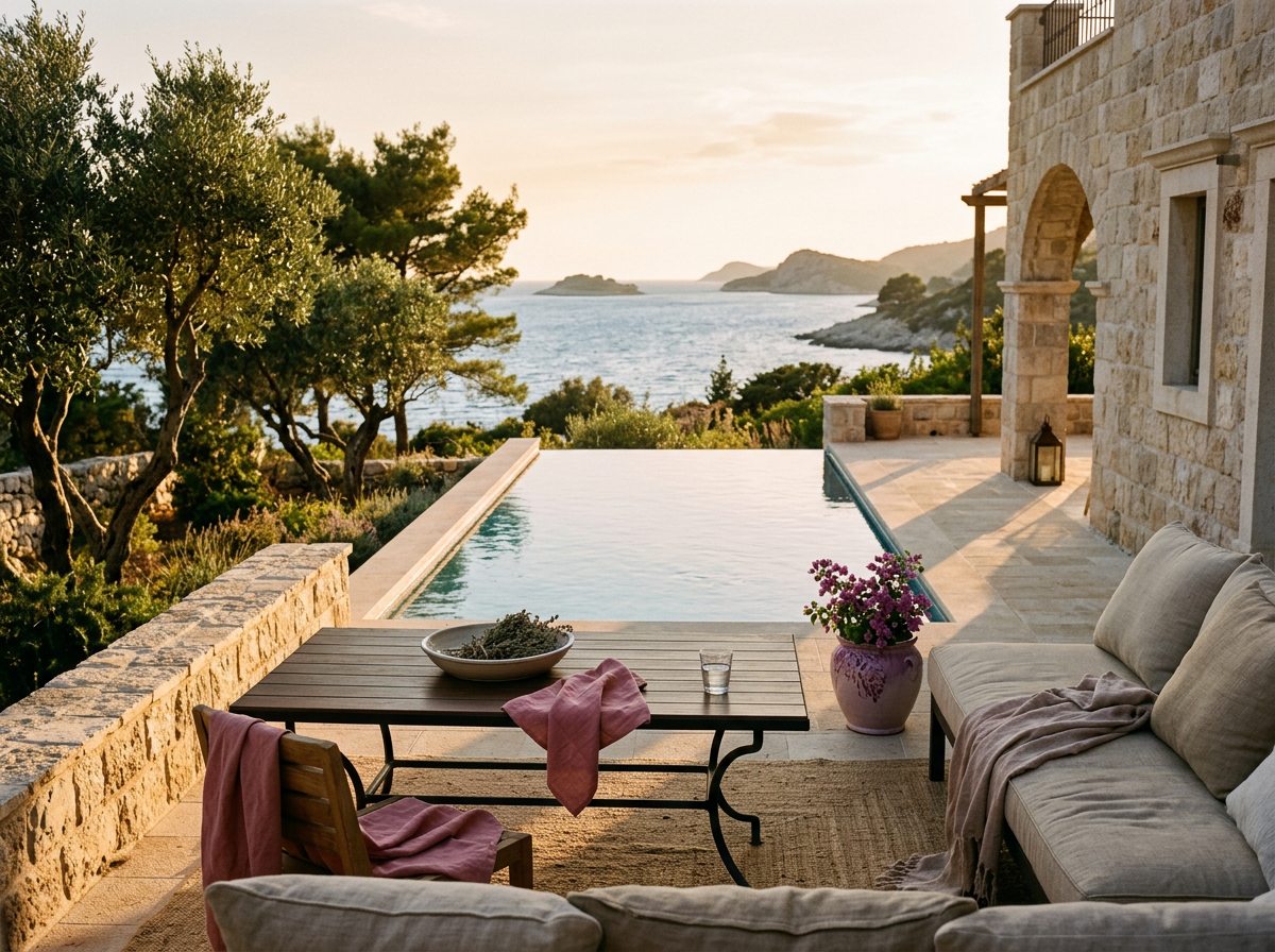 Golden-hour villa terrace for Libertine Vacations retreat